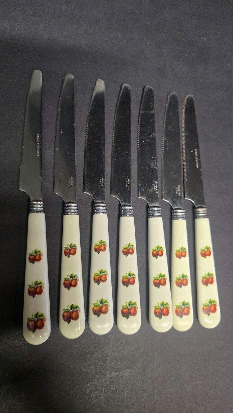 China Pearl Apple Handle Steak Knives Set Of 7 Stainless Kitchen Flatware